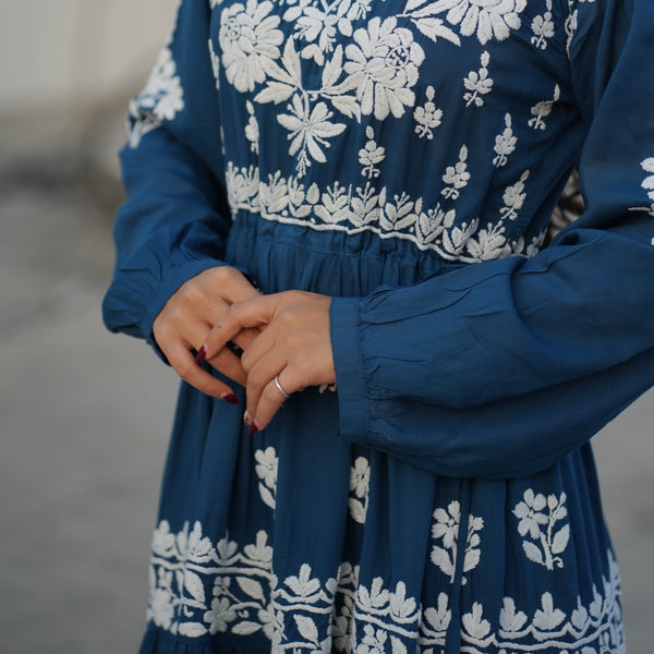 02FJ Jabili Ikkat Print Chikankari Gown