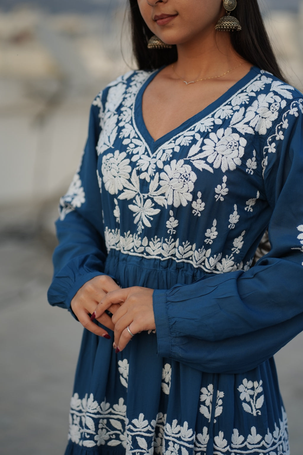 02FJ Jabili Ikkat Print Chikankari Gown