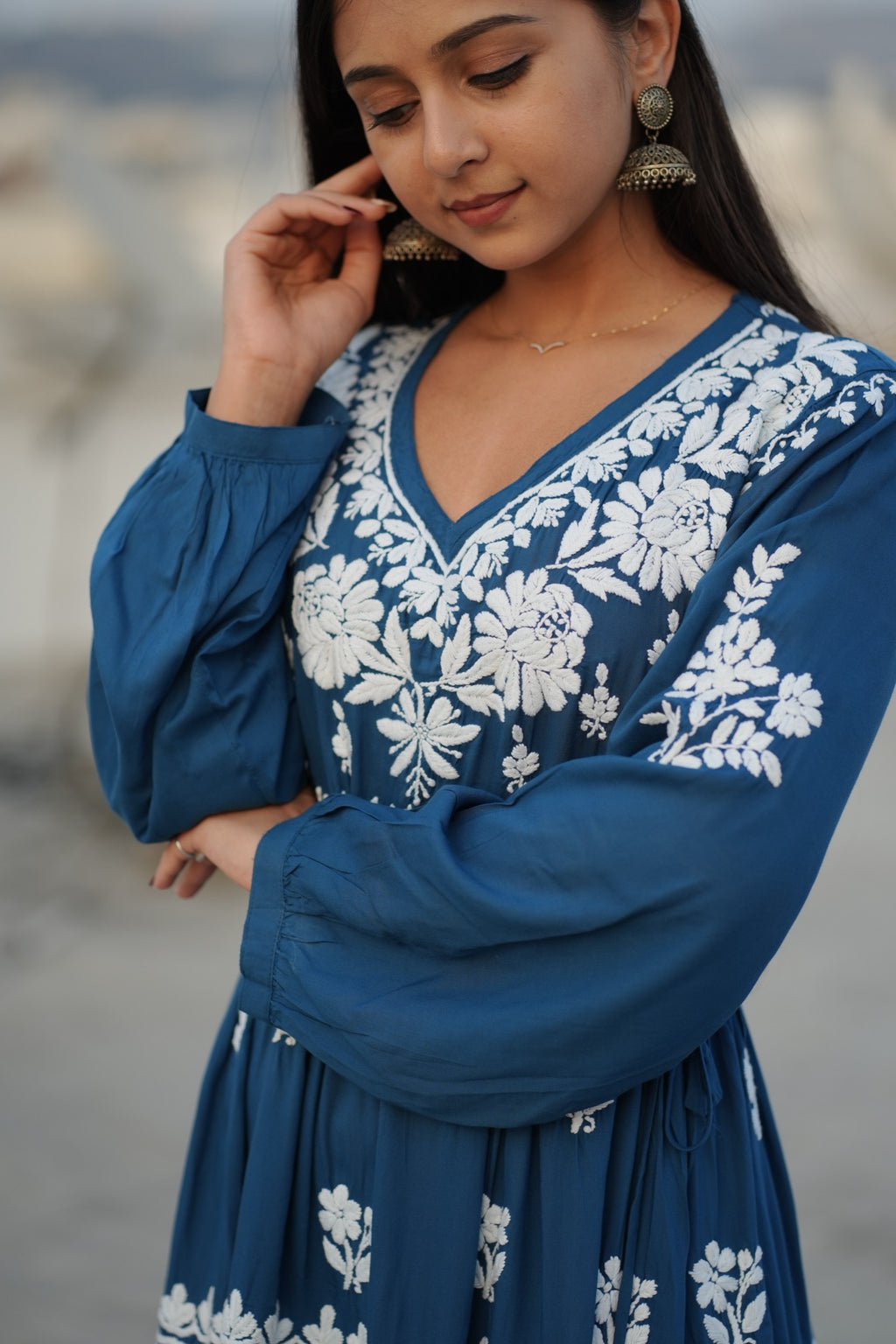 02FJ Jabili Ikkat Print Chikankari Gown
