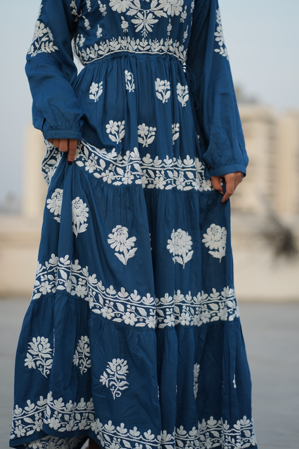 02FJ Jabili Ikkat Print Chikankari Gown
