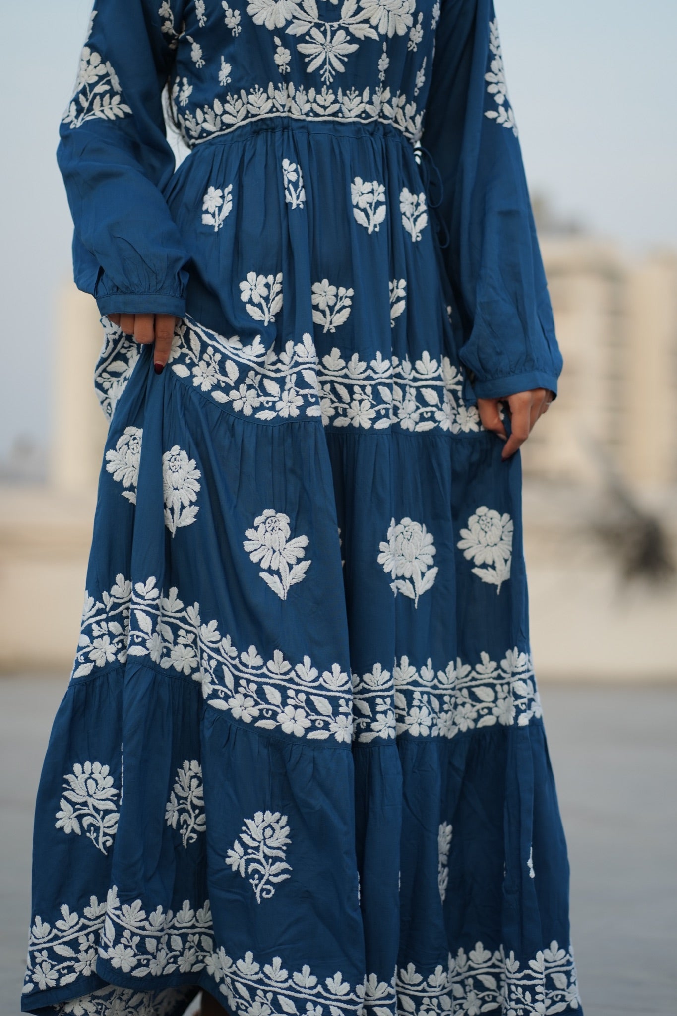 02FJ Jabili Ikkat Print Chikankari Gown