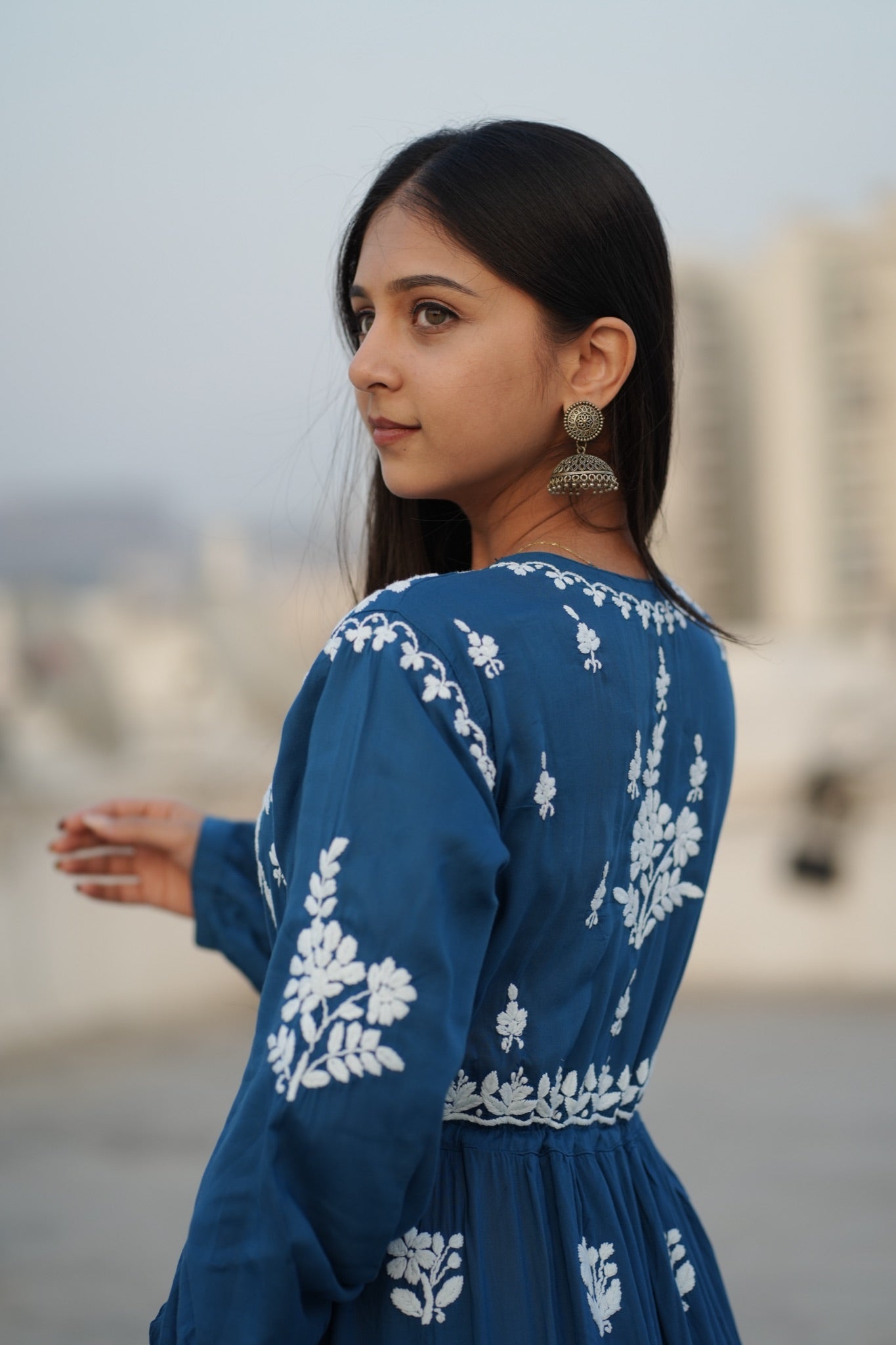 02FJ Jabili Ikkat Print Chikankari Gown