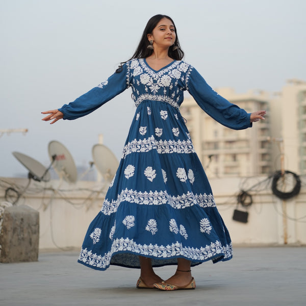 02FJ Jabili Ikkat Print Chikankari Gown
