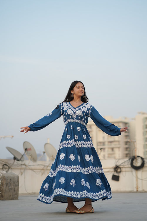 02FJ Jabili Ikkat Print Chikankari Gown