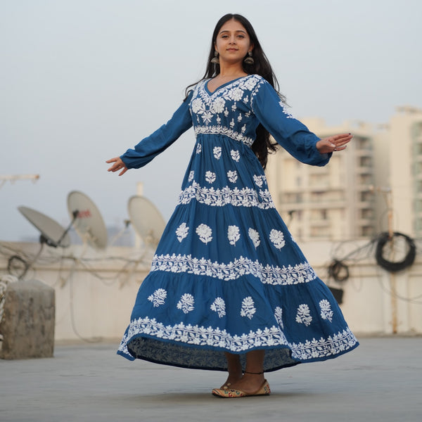 02FJ Jabili Ikkat Print Chikankari Gown