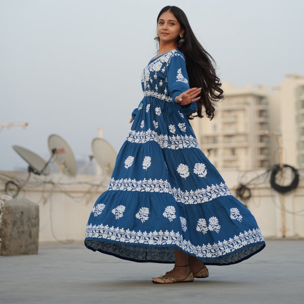 02FJ Jabili Ikkat Print Chikankari Gown