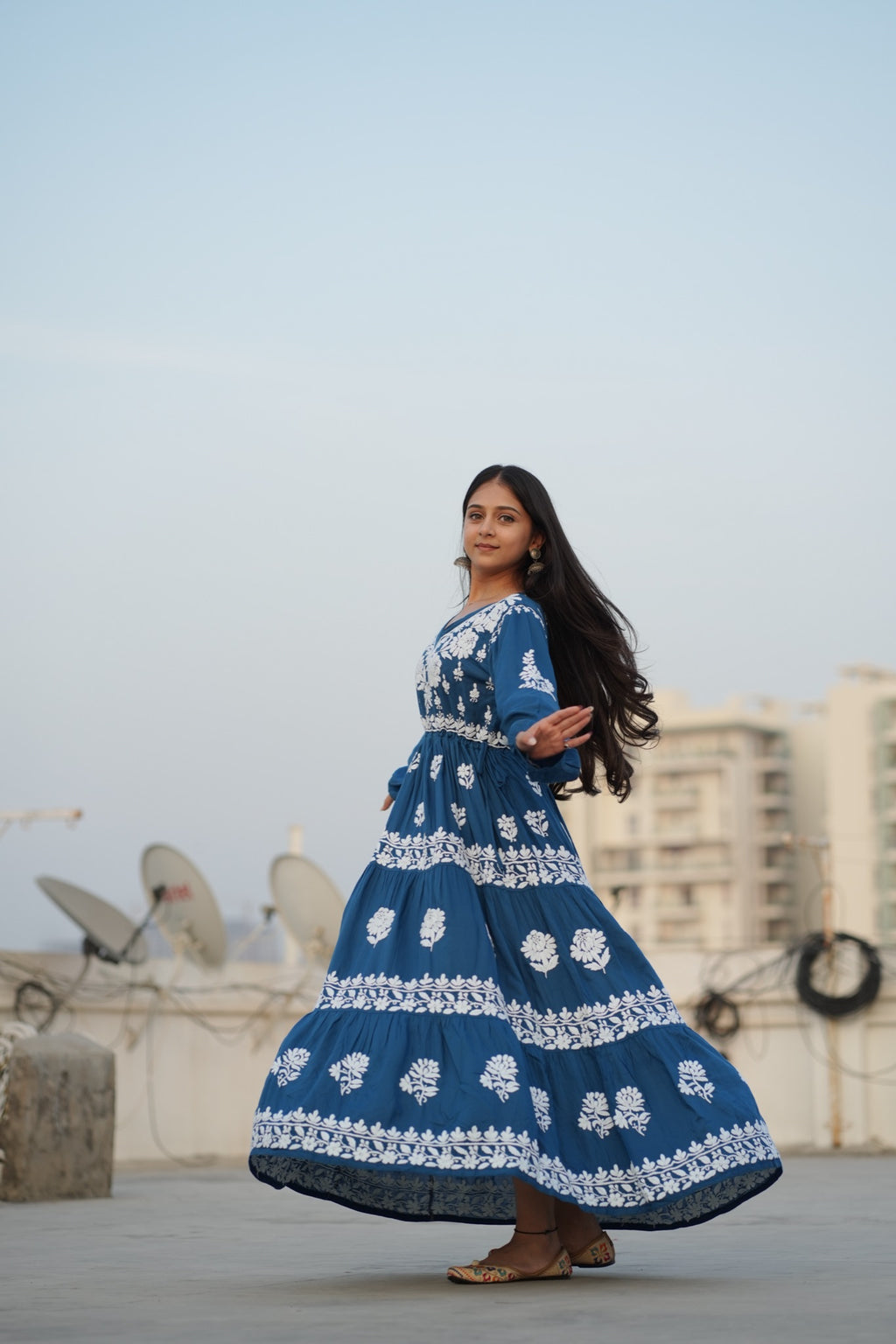 02FJ Jabili Ikkat Print Chikankari Gown