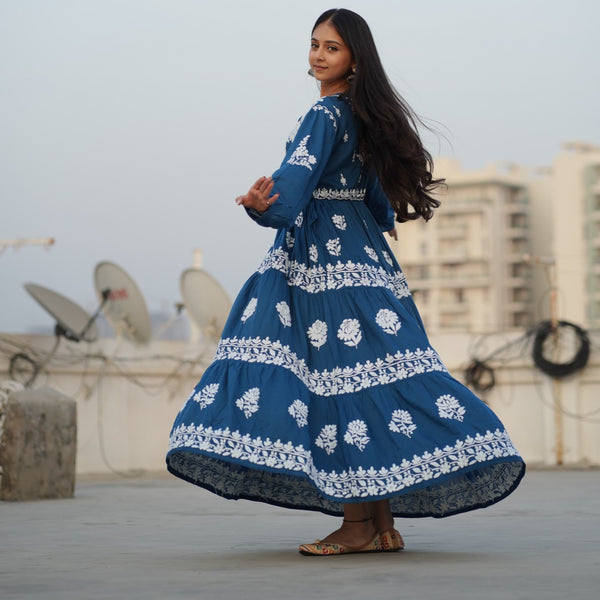 02FJ Jabili Ikkat Print Chikankari Gown