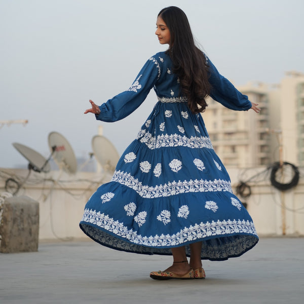 02FJ Jabili Ikkat Print Chikankari Gown