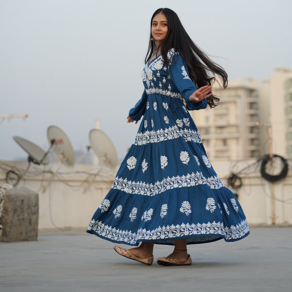 02FJ Jabili Ikkat Print Chikankari Gown