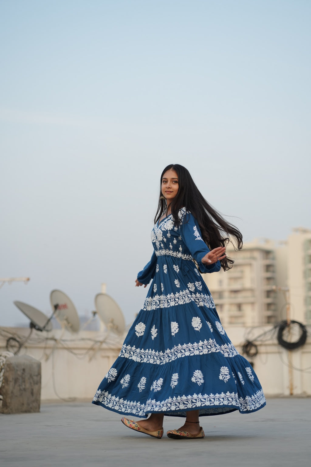 02FJ Jabili Ikkat Print Chikankari Gown