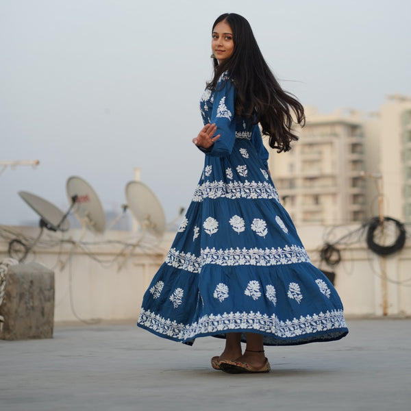 02FJ Jabili Ikkat Print Chikankari Gown