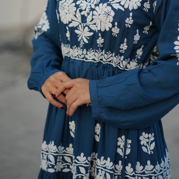 02FJ Jabili Ikkat Print Chikankari Gown