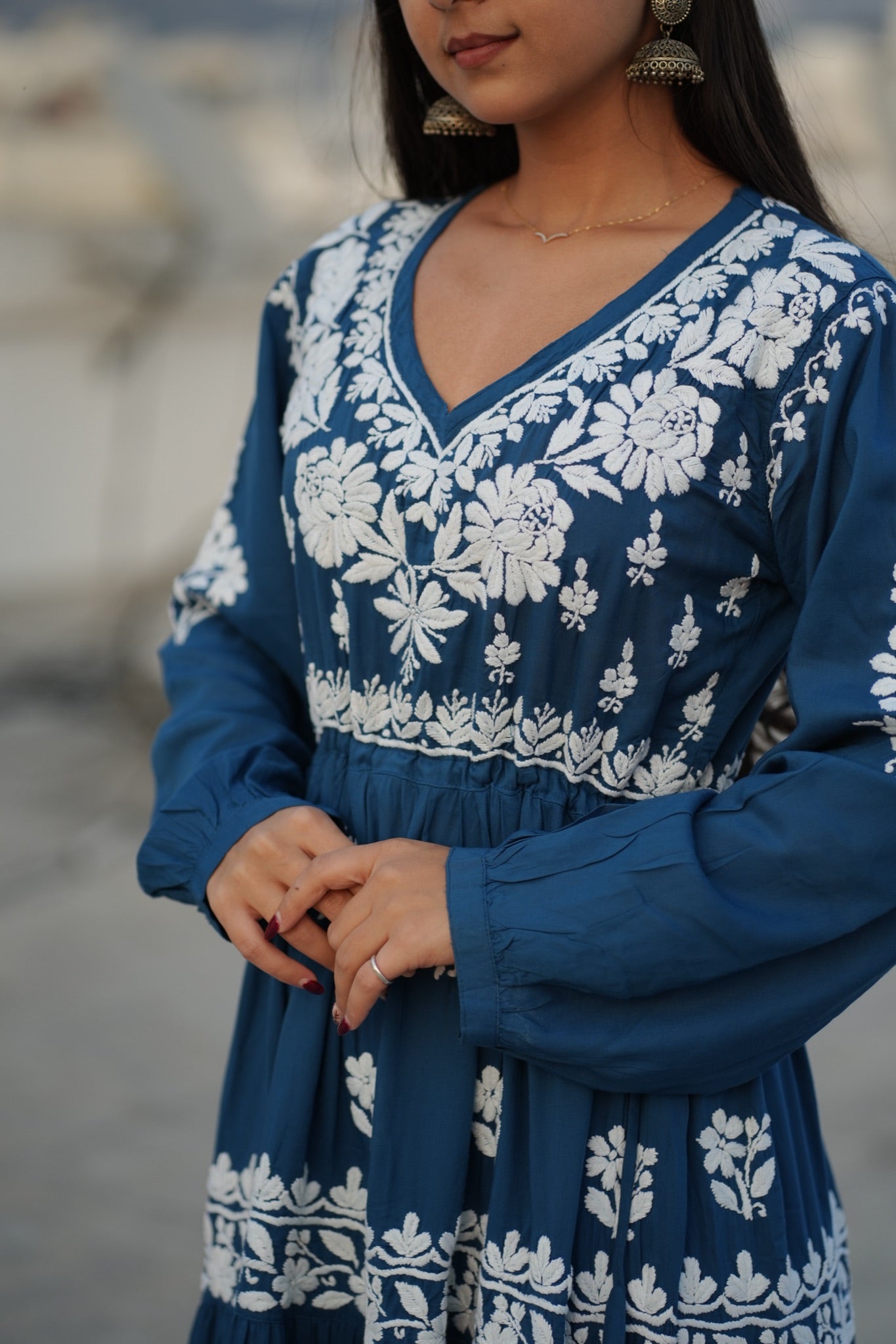 02FJ Jabili Ikkat Print Chikankari Gown