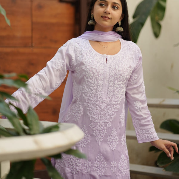 04FJ Jabili Modal Satin Chikankari Kurti Plazo Set