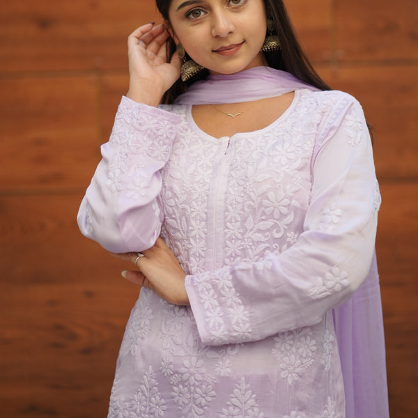 04FJ Jabili Modal Satin Chikankari Kurti Plazo Set