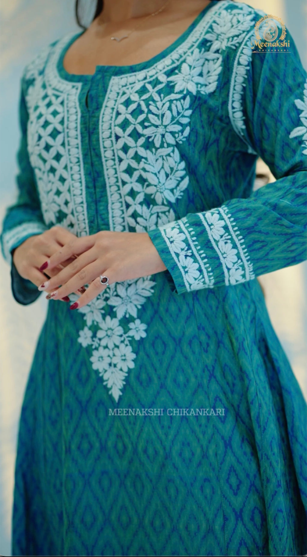06FJ Jabili Ikkat Print Chikankari Anarkali
