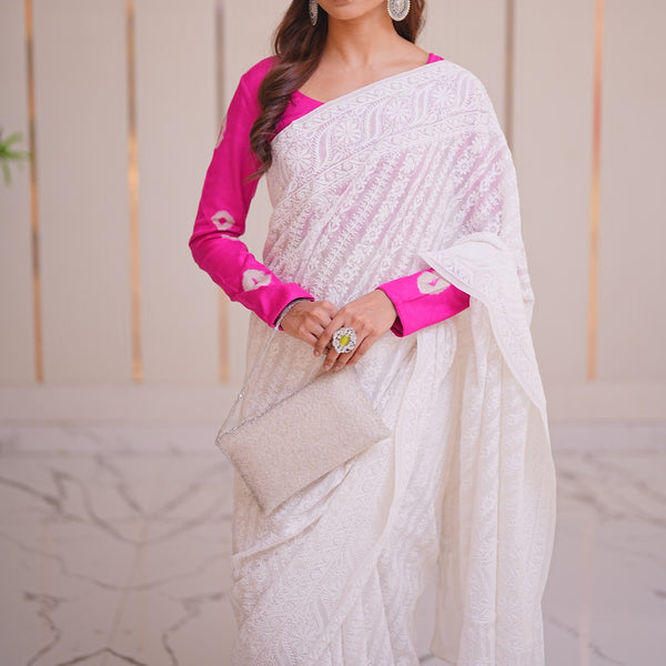 15M Medha Pure Georgette Designer Chikankari Saree