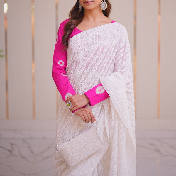 15M Medha Pure Georgette Designer Chikankari Saree