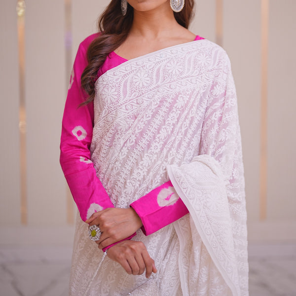 15M Medha Pure Georgette Designer Chikankari Saree