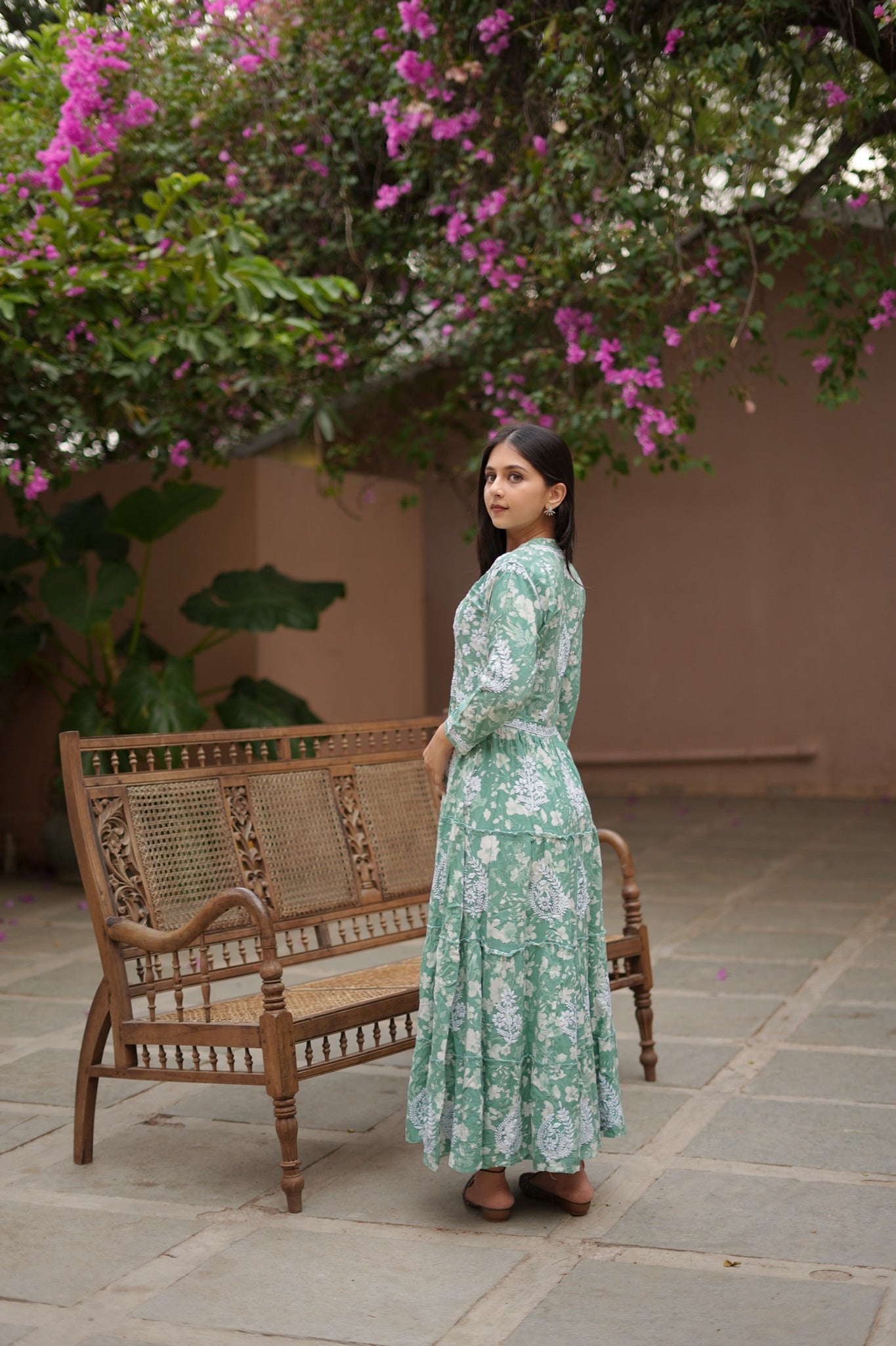 14SJ Jabili Mul Mul Cotton Printed Chikankari Long Gown