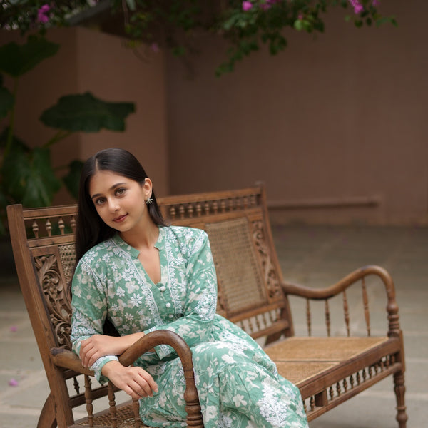 14SJ Jabili Mul Mul Cotton Printed Chikankari Long Gown