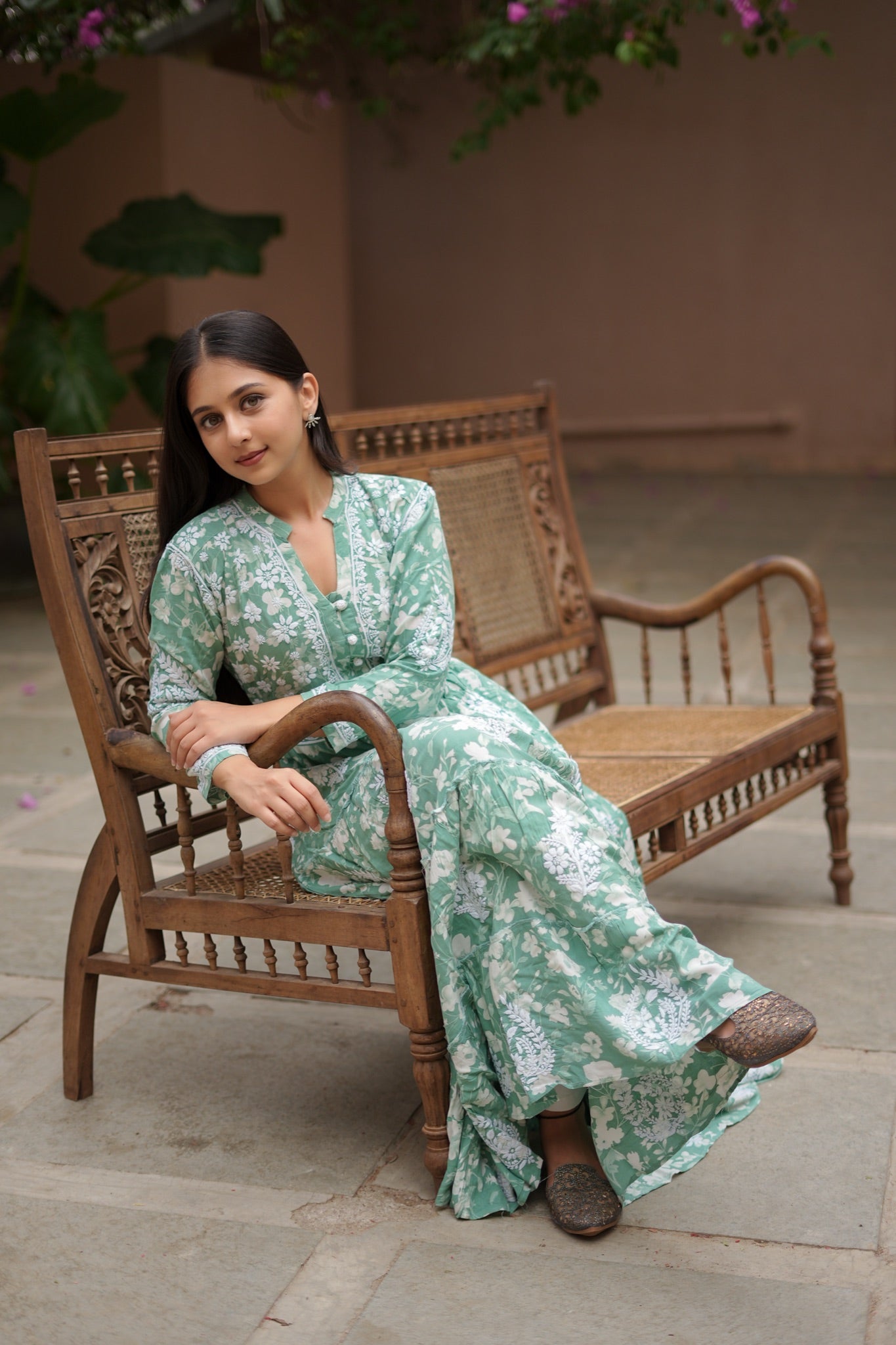 14SJ Jabili Mul Mul Cotton Printed Chikankari Long Gown