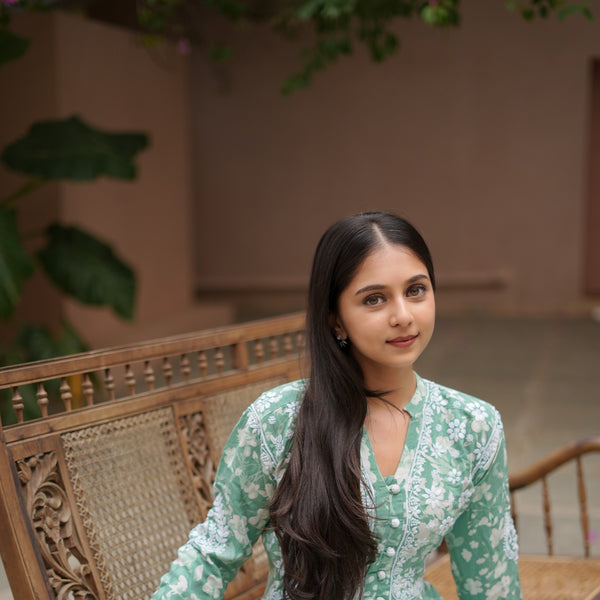 14SJ Jabili Mul Mul Cotton Printed Chikankari Long Gown