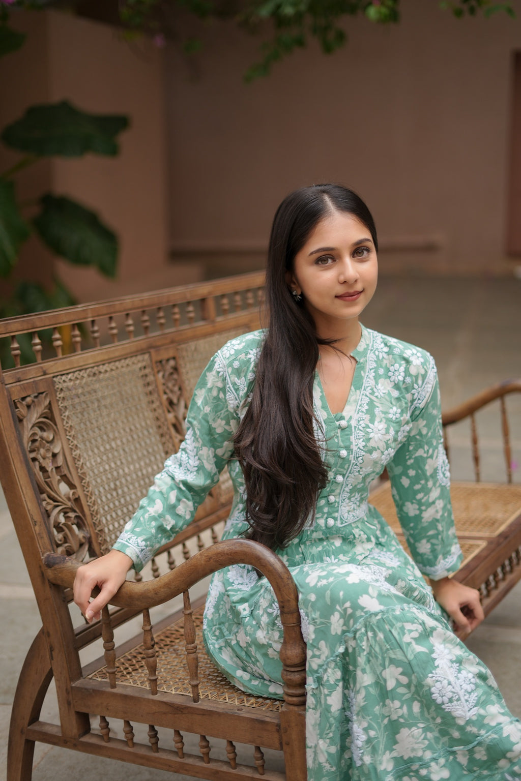 14SJ Jabili Mul Mul Cotton Printed Chikankari Long Gown