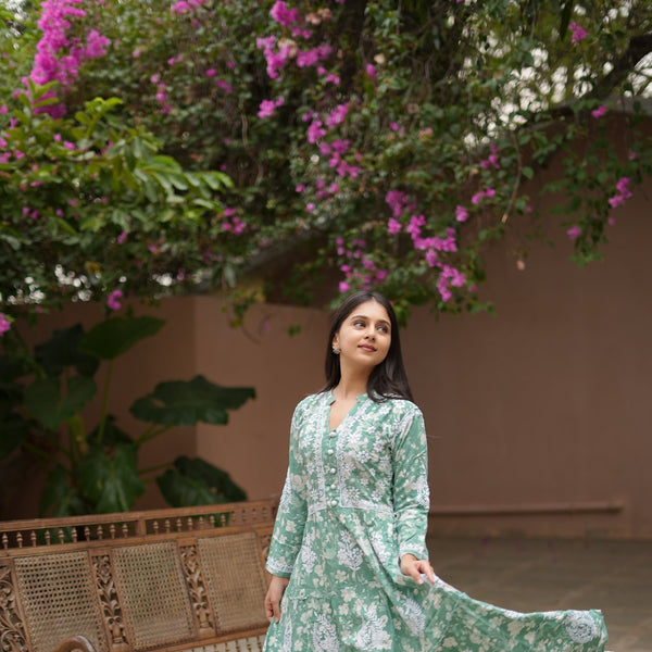 14SJ Jabili Mul Mul Cotton Printed Chikankari Long Gown