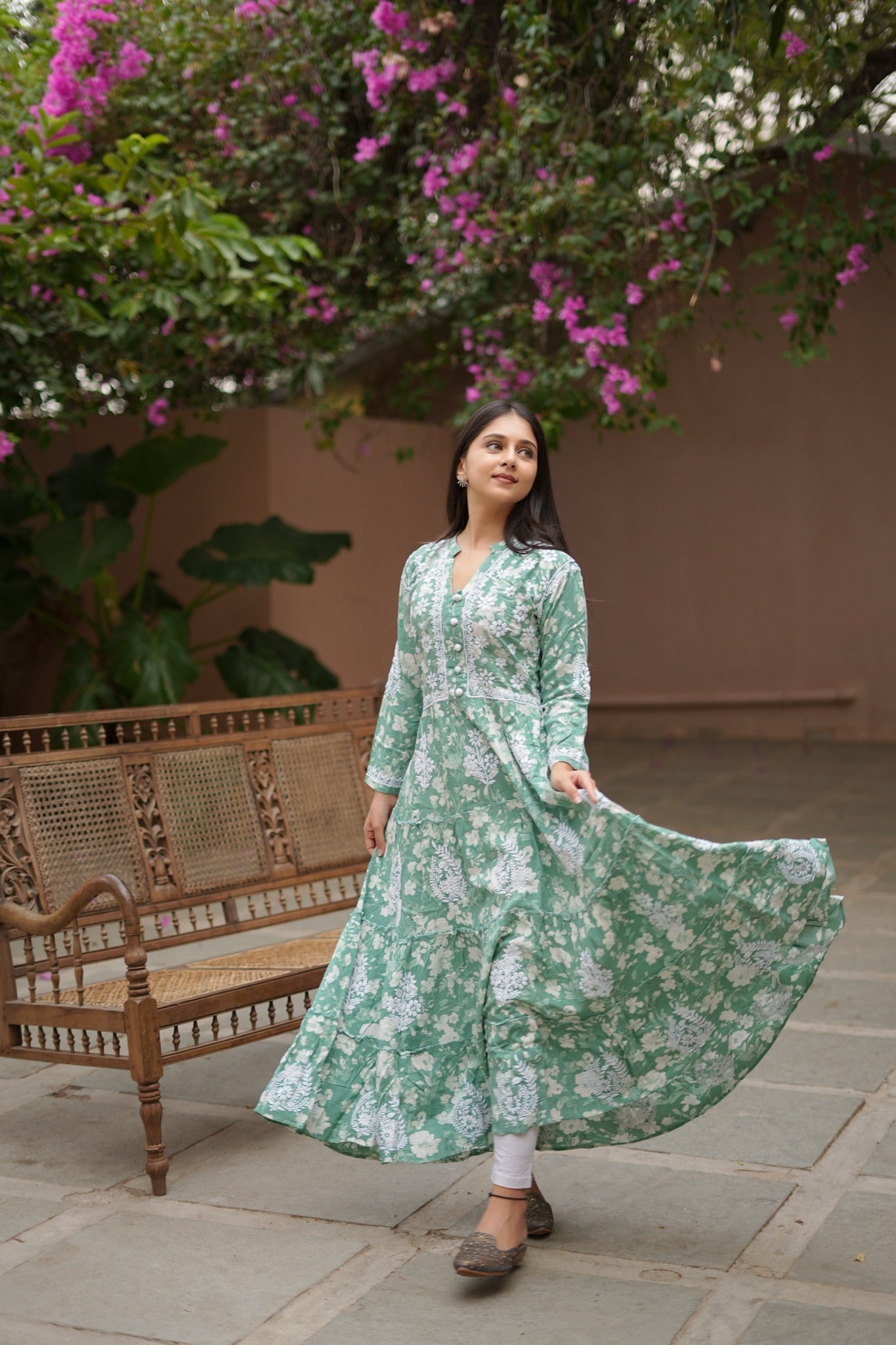14SJ Jabili Mul Mul Cotton Printed Chikankari Long Gown