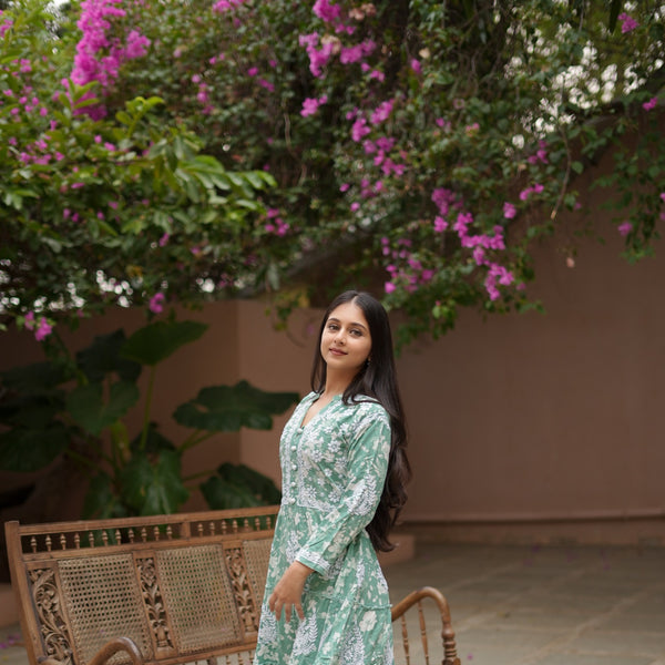 14SJ Jabili Mul Mul Cotton Printed Chikankari Long Gown