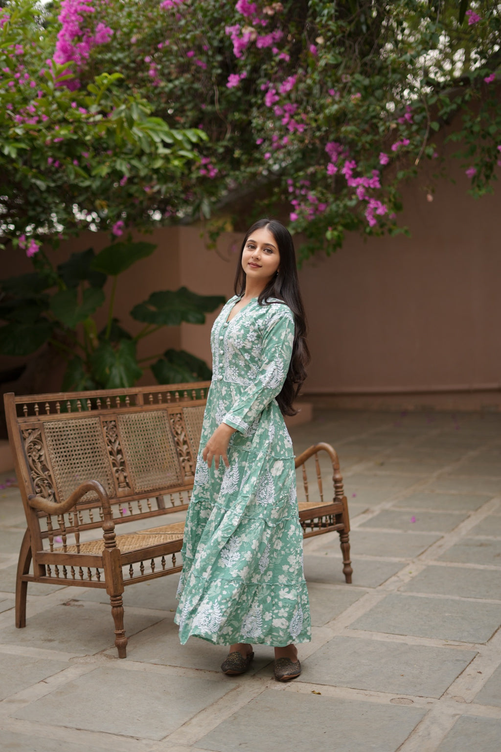 14SJ Jabili Mul Mul Cotton Printed Chikankari Long Gown