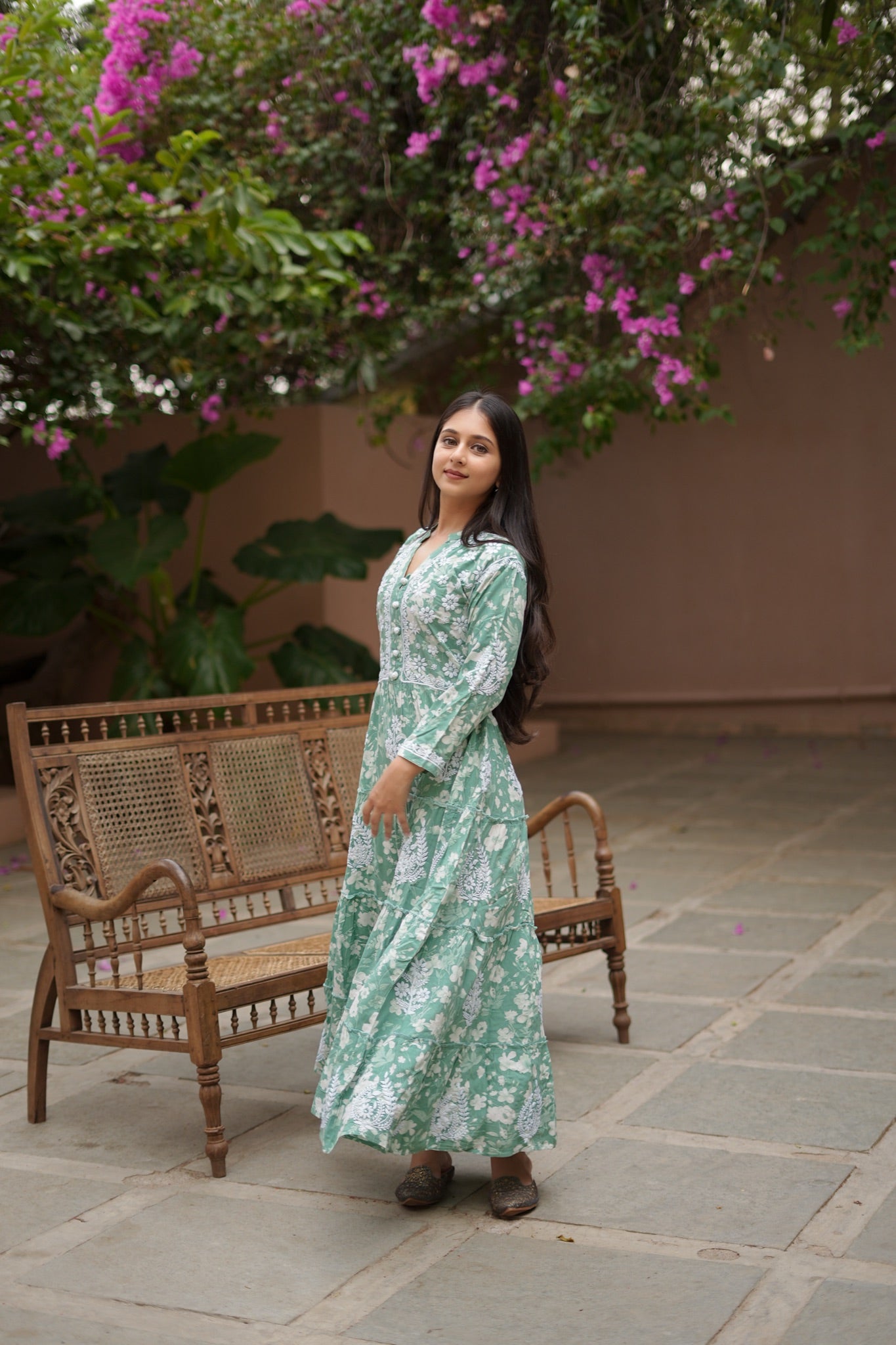 14SJ Jabili Mul Mul Cotton Printed Chikankari Long Gown