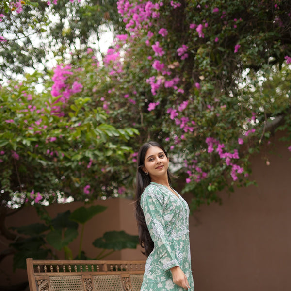 14SJ Jabili Mul Mul Cotton Printed Chikankari Long Gown
