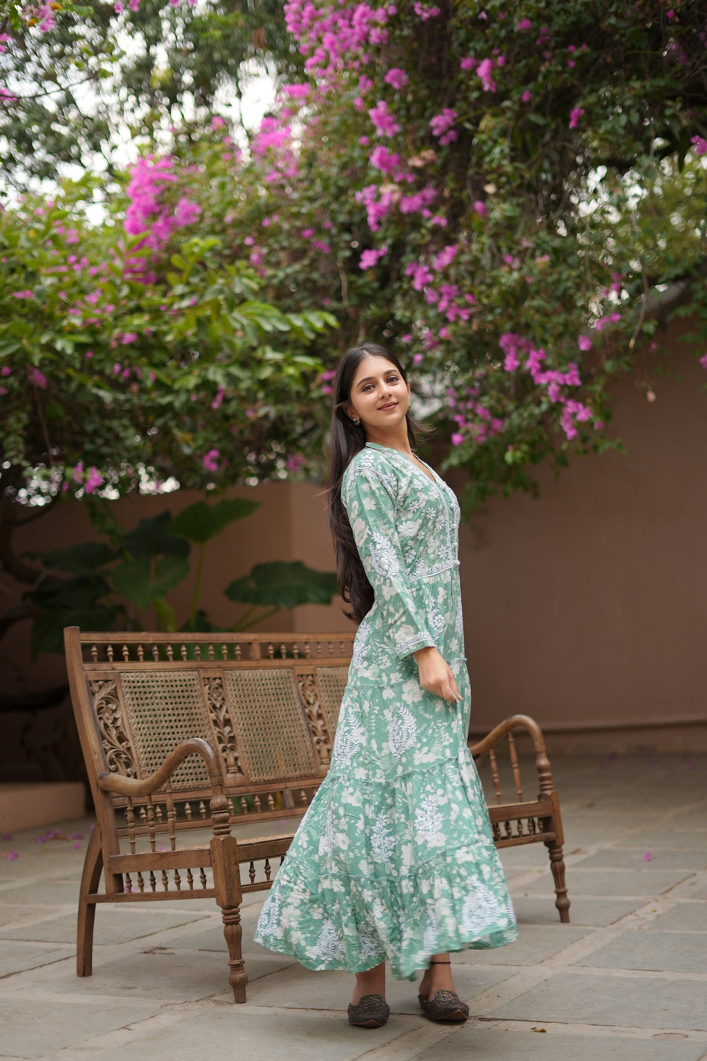 14SJ Jabili Mul Mul Cotton Printed Chikankari Long Gown