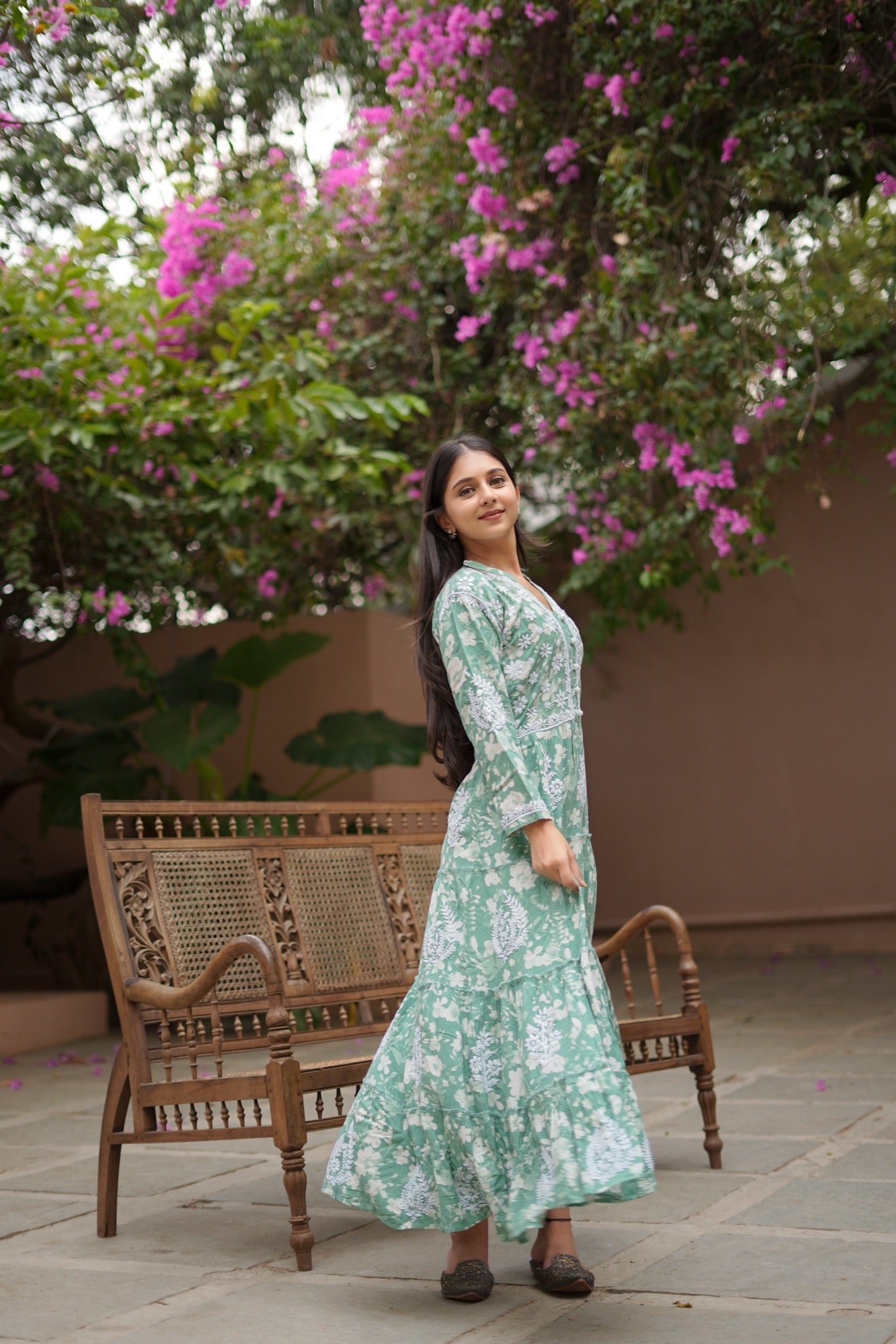14SJ Jabili Mul Mul Cotton Printed Chikankari Long Gown