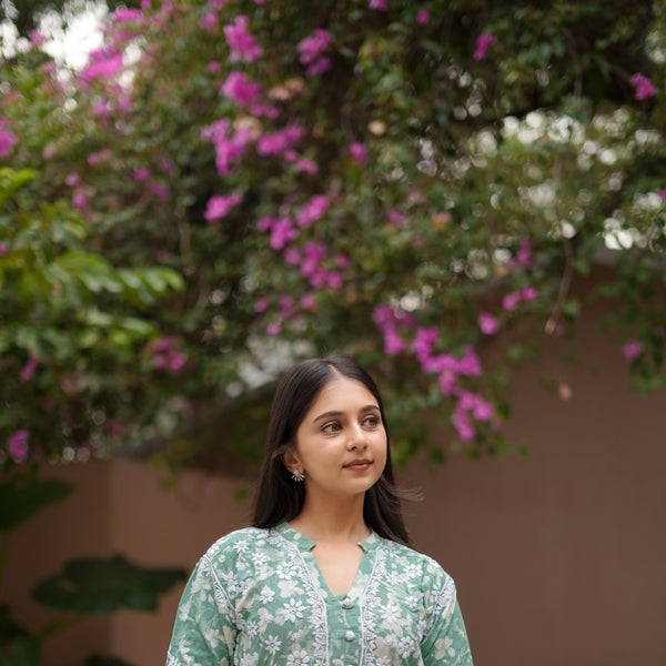 14SJ Jabili Mul Mul Cotton Printed Chikankari Long Gown