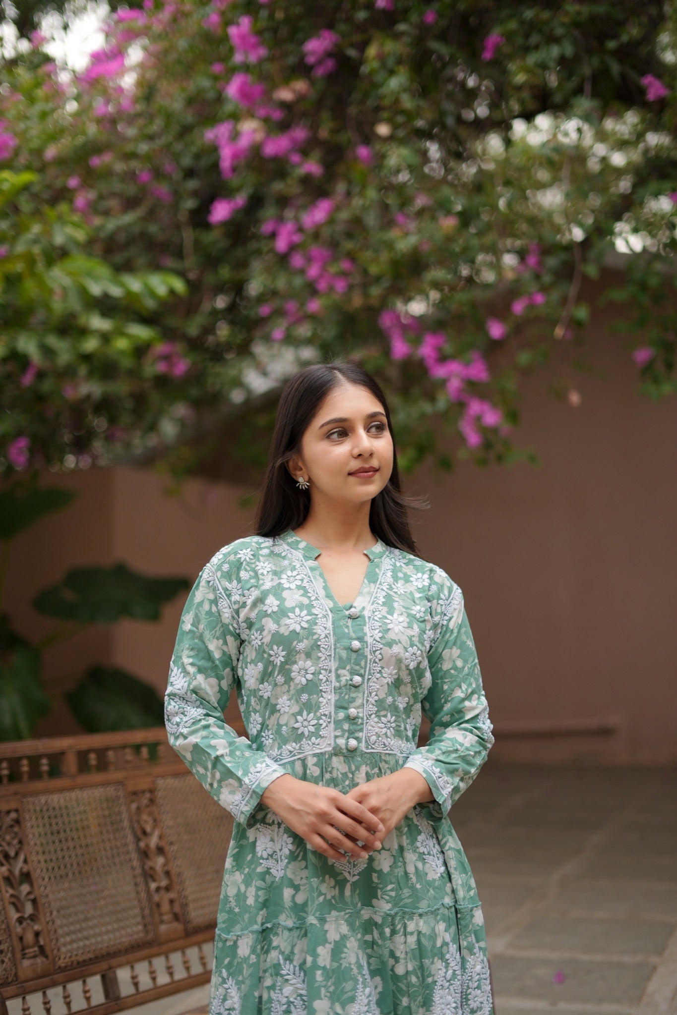 14SJ Jabili Mul Mul Cotton Printed Chikankari Long Gown