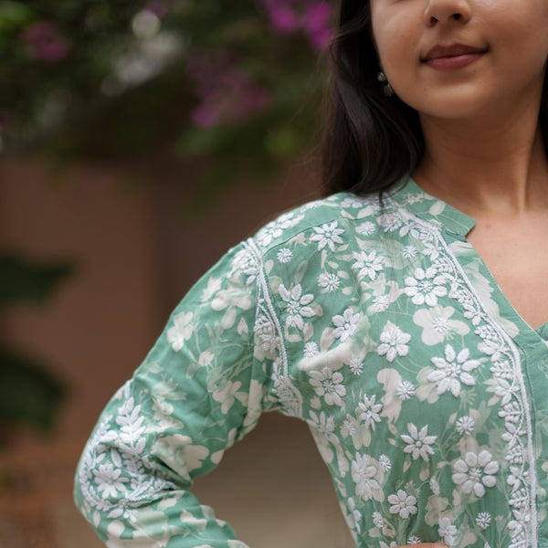 14SJ Jabili Mul Mul Cotton Printed Chikankari Long Gown