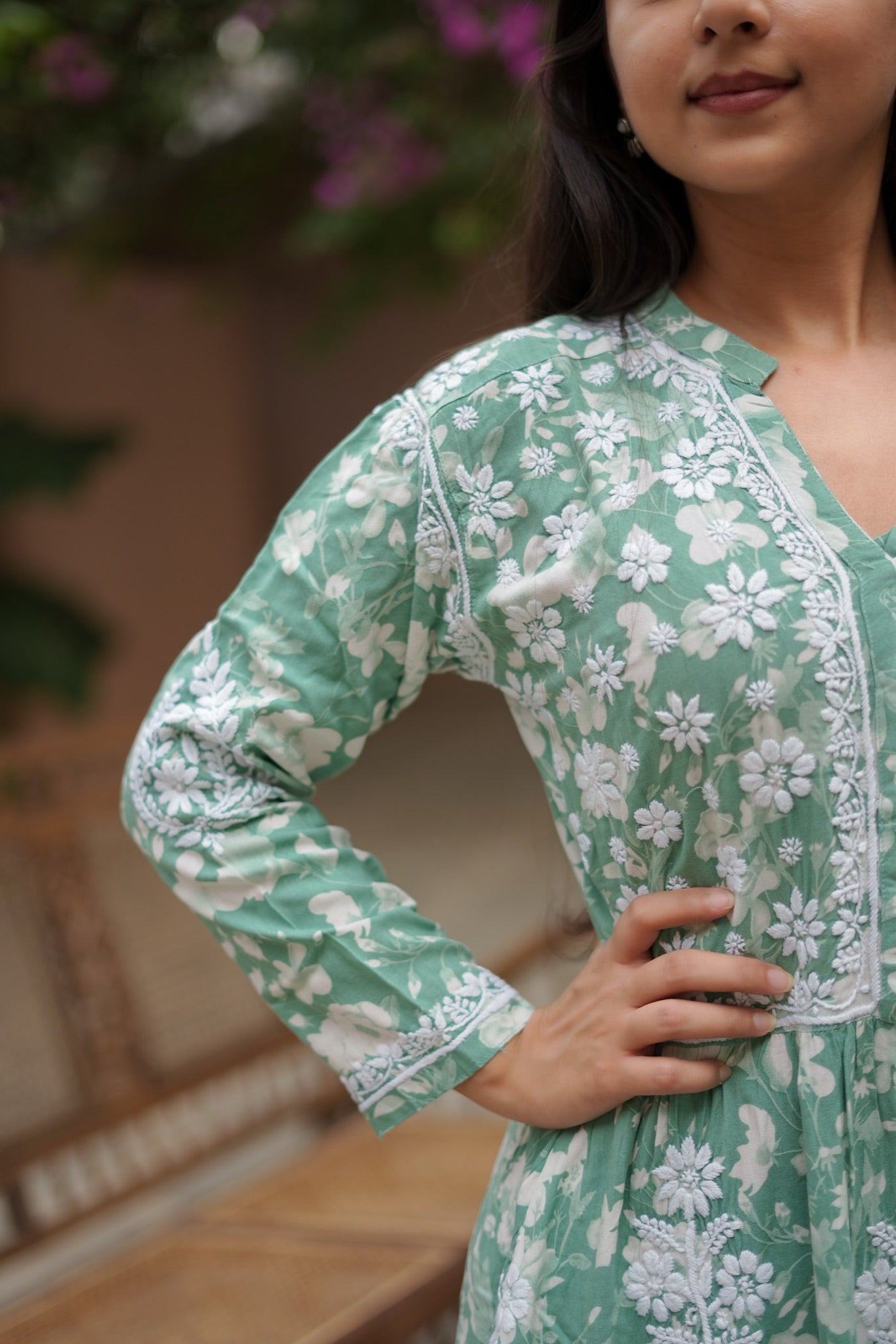 14SJ Jabili Mul Mul Cotton Printed Chikankari Long Gown