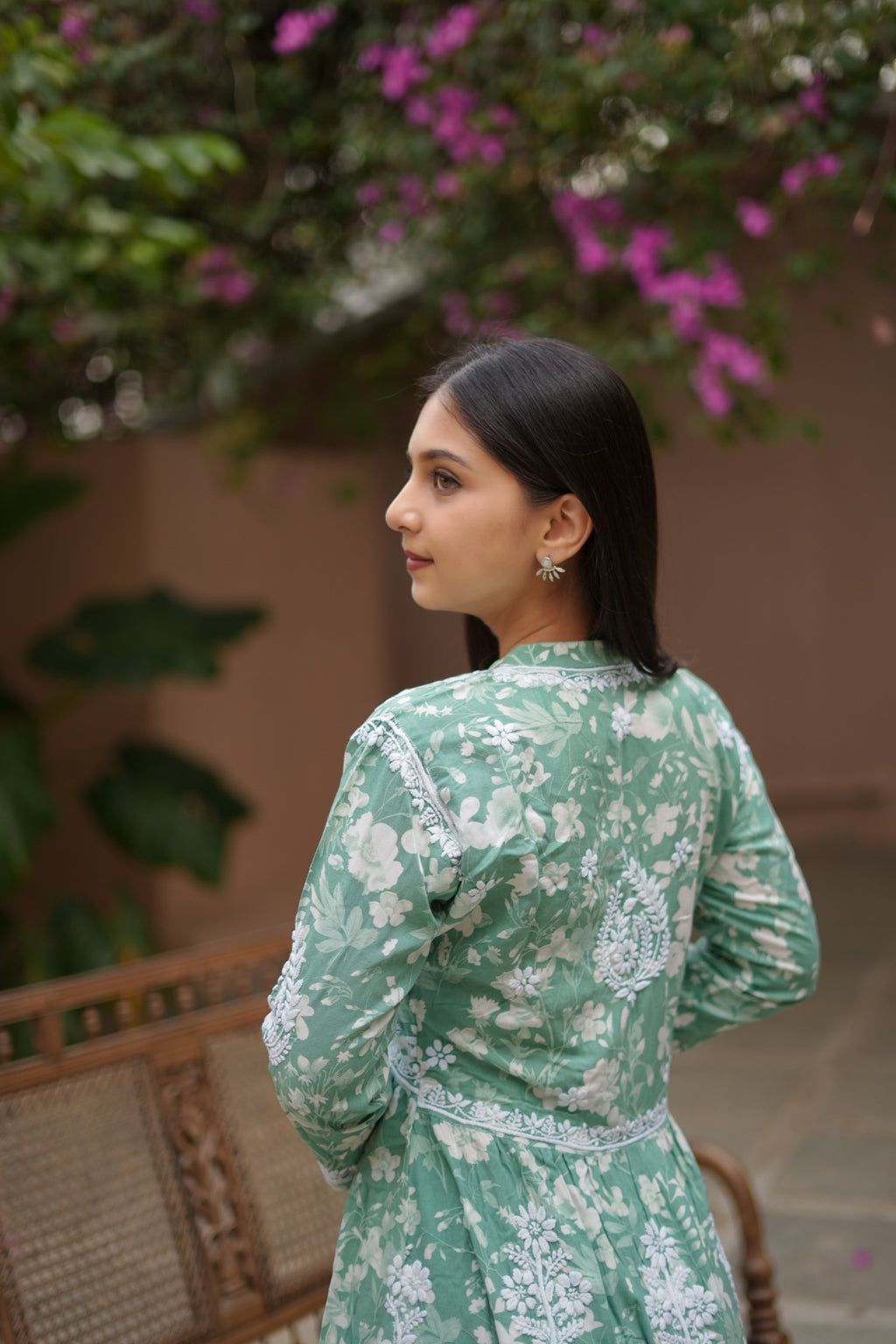 14SJ Jabili Mul Mul Cotton Printed Chikankari Long Gown