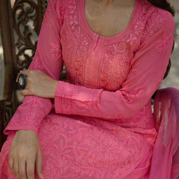 02SJ Jabili Chikankari Pure Georgette Straight Cut Kurti Plazo Set