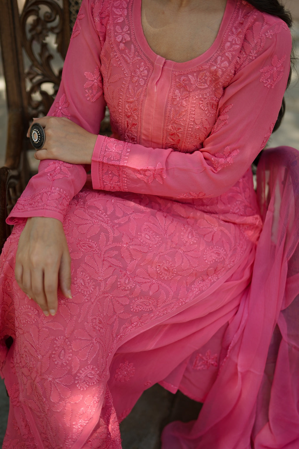02SJ Jabili Chikankari Pure Georgette Straight Cut Kurti Plazo Set