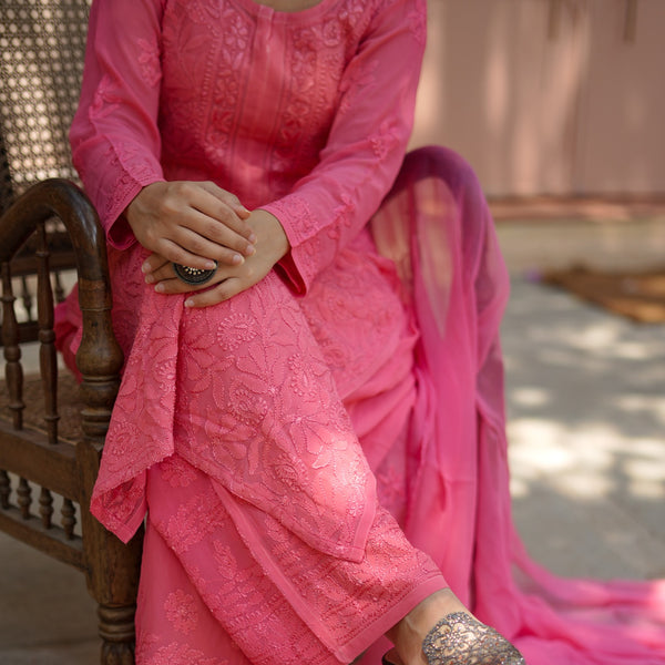 02SJ Jabili Chikankari Pure Georgette Straight Cut Kurti Plazo Set