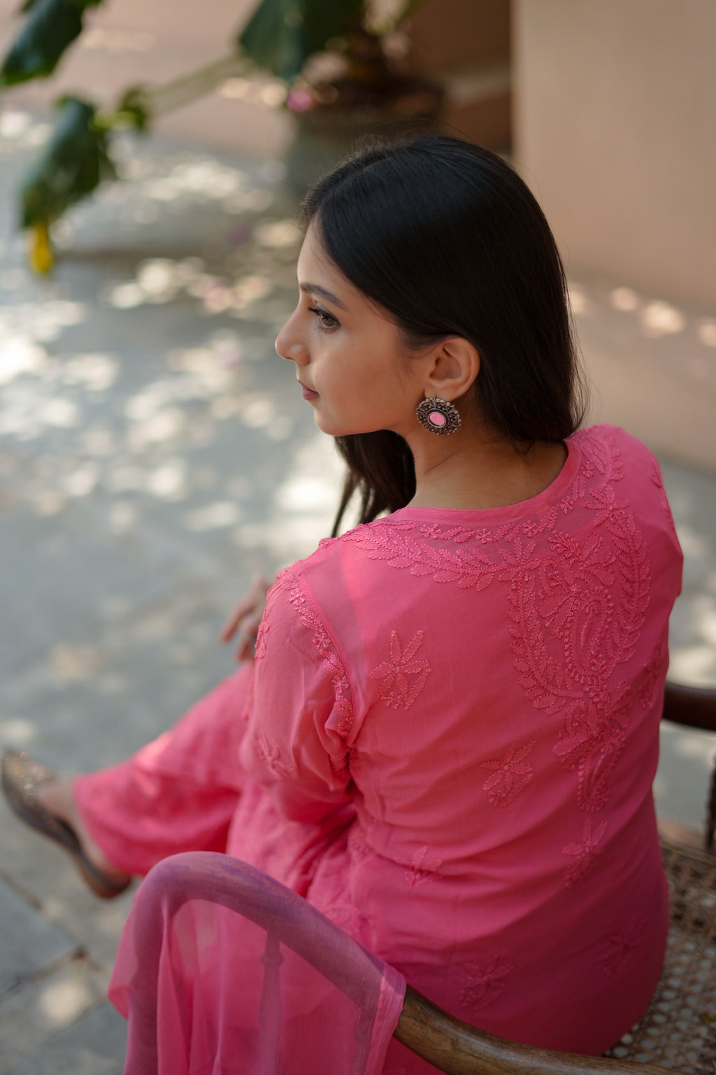 02SJ Jabili Chikankari Pure Georgette Straight Cut Kurti Plazo Set