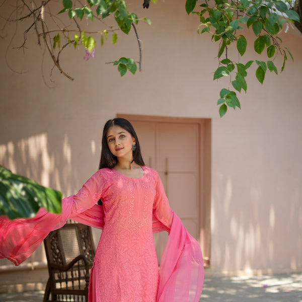 02SJ Jabili Chikankari Pure Georgette Straight Cut Kurti Plazo Set