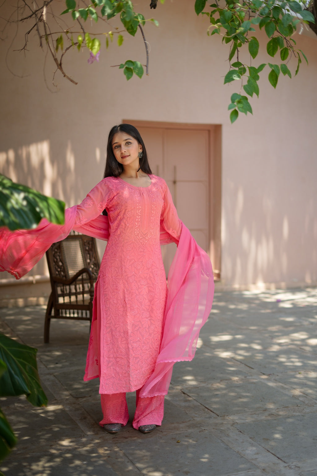 02SJ Jabili Chikankari Pure Georgette Straight Cut Kurti Plazo Set
