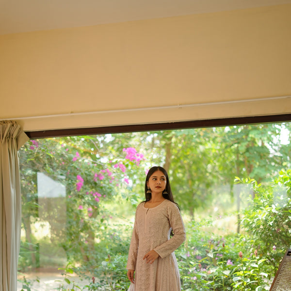 06SJ Jabili Chikankari Side Slit Anarkali Kurti Pant Set