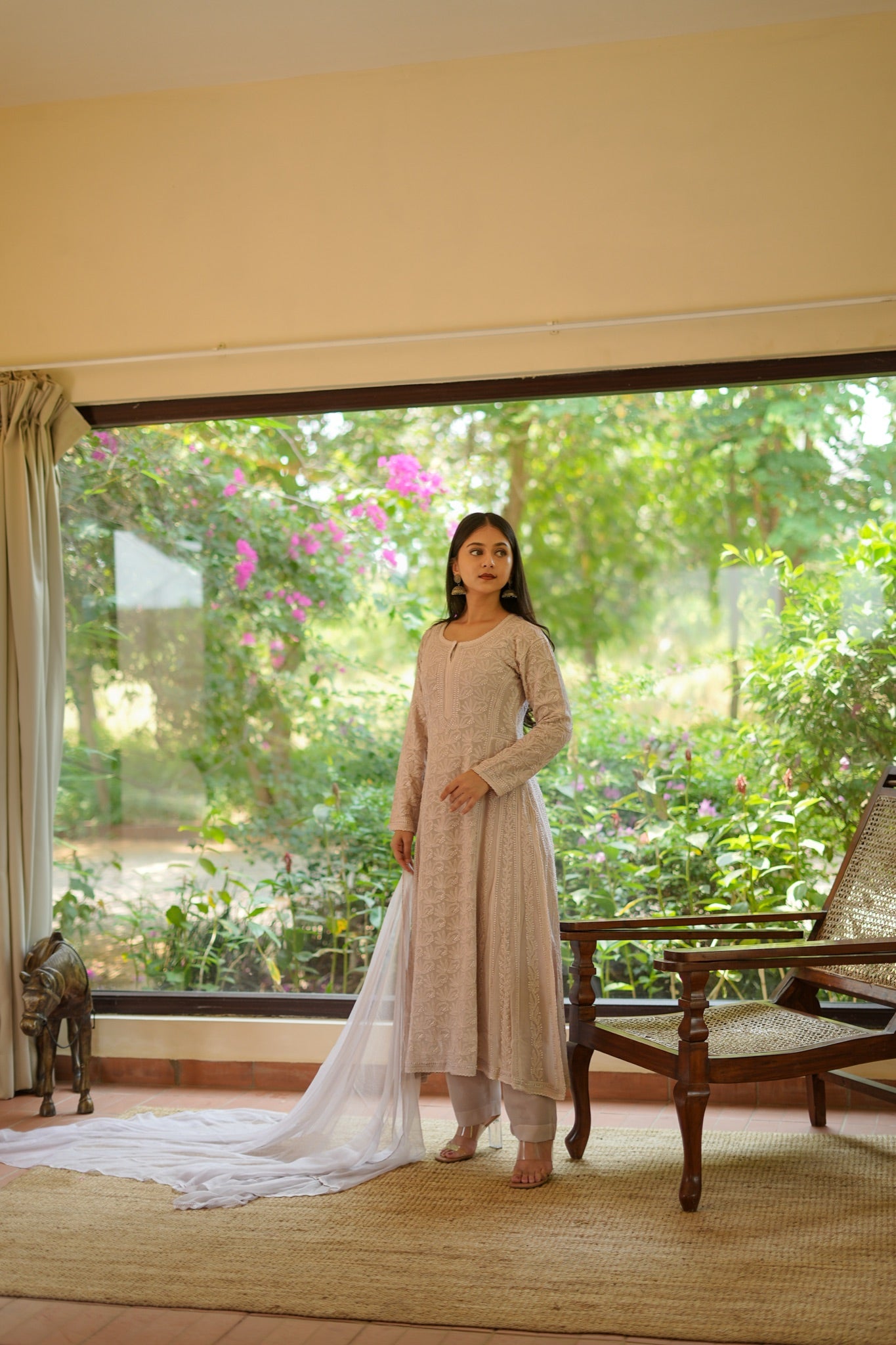 06SJ Jabili Chikankari Side Slit Anarkali Kurti Pant Set